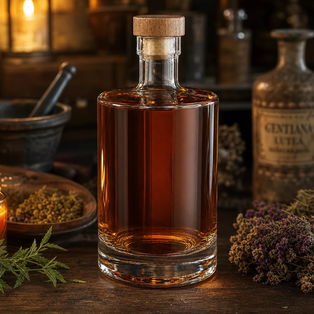 500ml Glasflasche "Marie" mit Holzgriff-Korken UNiTWIST Glasflasche Marie gefüllt mit bernsteinfarbener Flüssigkeit in rustikaler Küchenatmosphäre mit Kräutern und Gewürzen