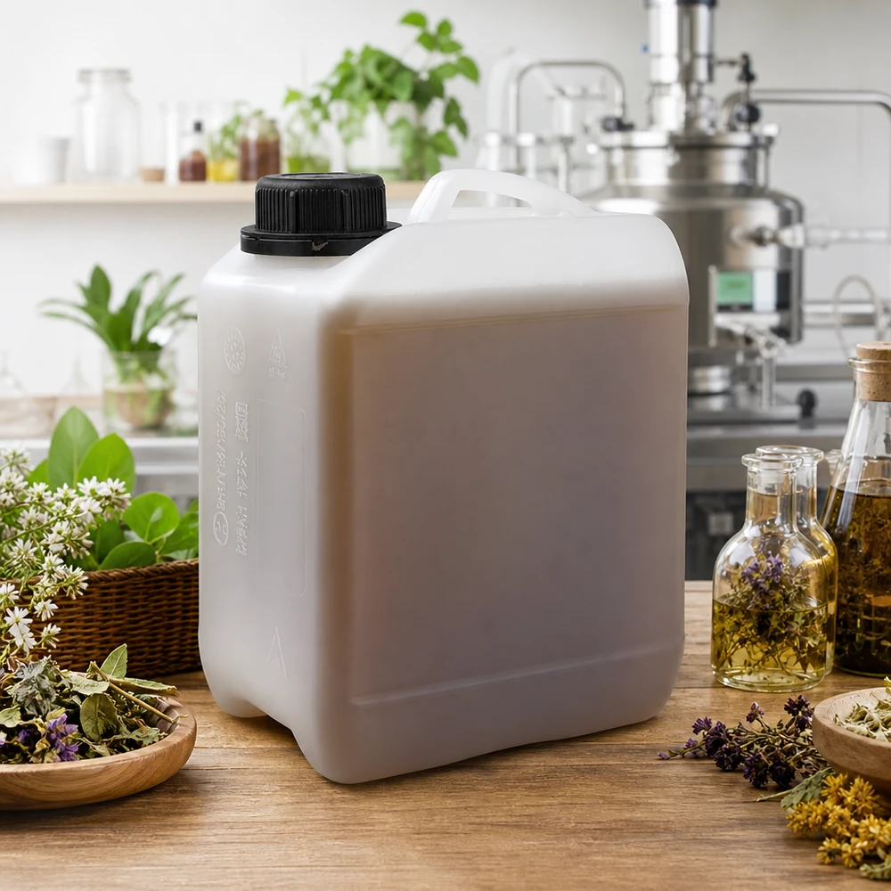 Kanister 2.5 Liter mit Schraubverschluss Originalitätsverschluss Rechteckiger HDPE-Kanister 2,5 L mit schwarzem Deckel neben Destillationsanlage und Heilkräutern