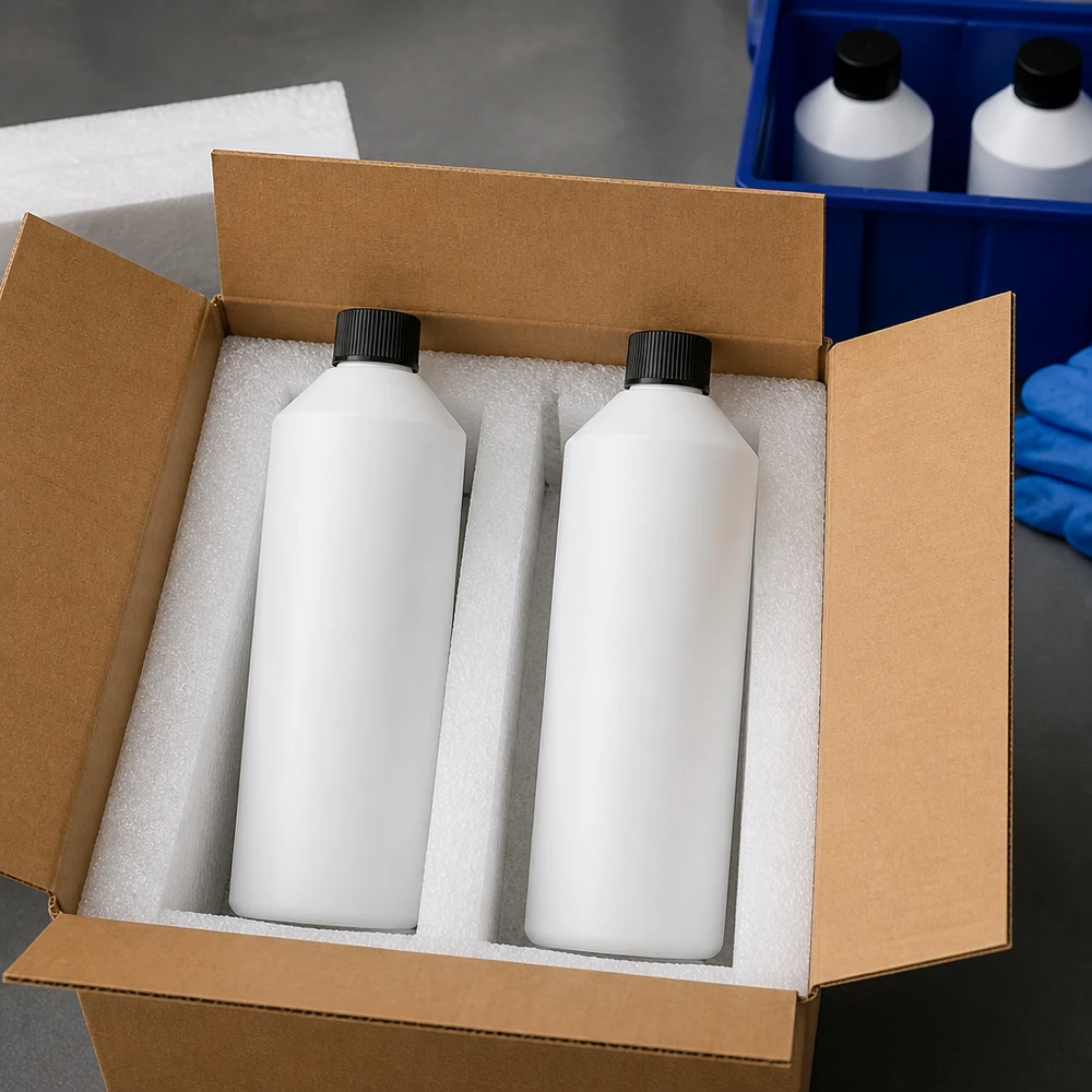 Apothekenflasche HDPE 250ml weiß, mit schwarz Schraubverschluss Weiße Chemieflaschen 250ml HDPE mit kindersicherem schwarzen Verschluss in Schutzverpackung