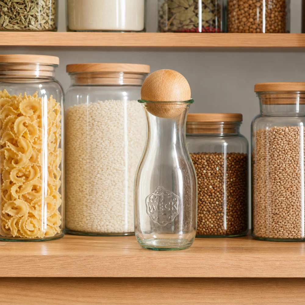WECK Saftflasche 530ml mit Buchenholzkugel in organisierter Vorratskammer zwischen Gläsern mit Pasta und Reis