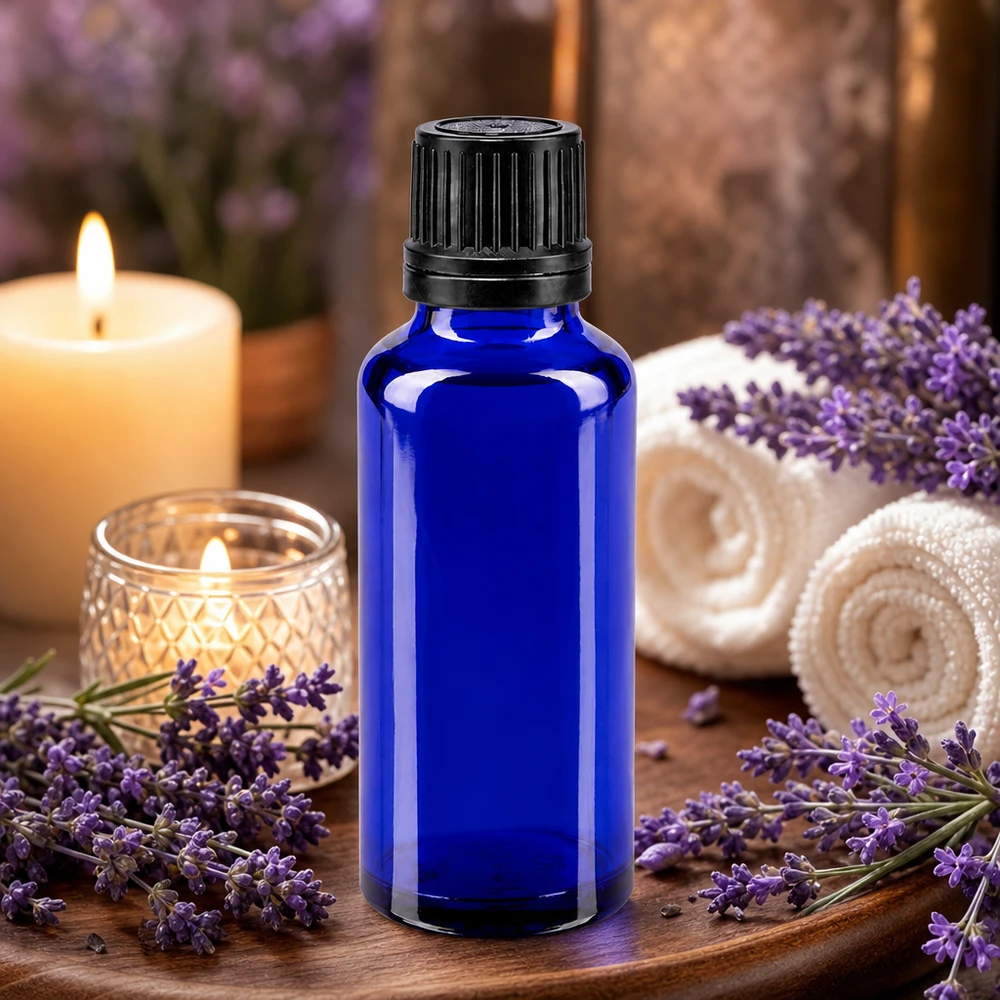 Apothekenflasche blau 30ml Schraubverschluss schwarz Giessring Originalitätsverschluss Blaue Tropfflasche 30ml mit OV-Verschluss ideal für ätherische Öle und Aromatherapie