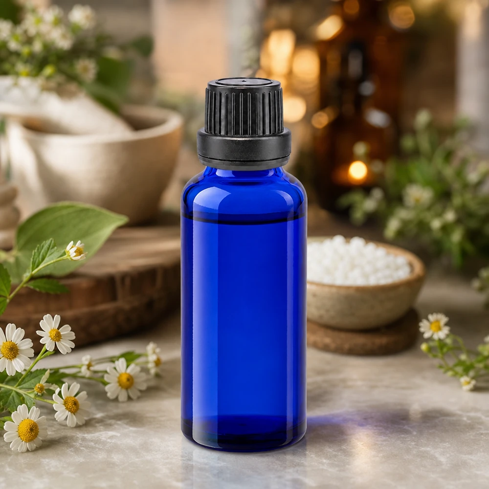 Blaue Glasflasche 30ml mit schwarzem Tropfverschluss neben Mörser und homöopathischen Globuli