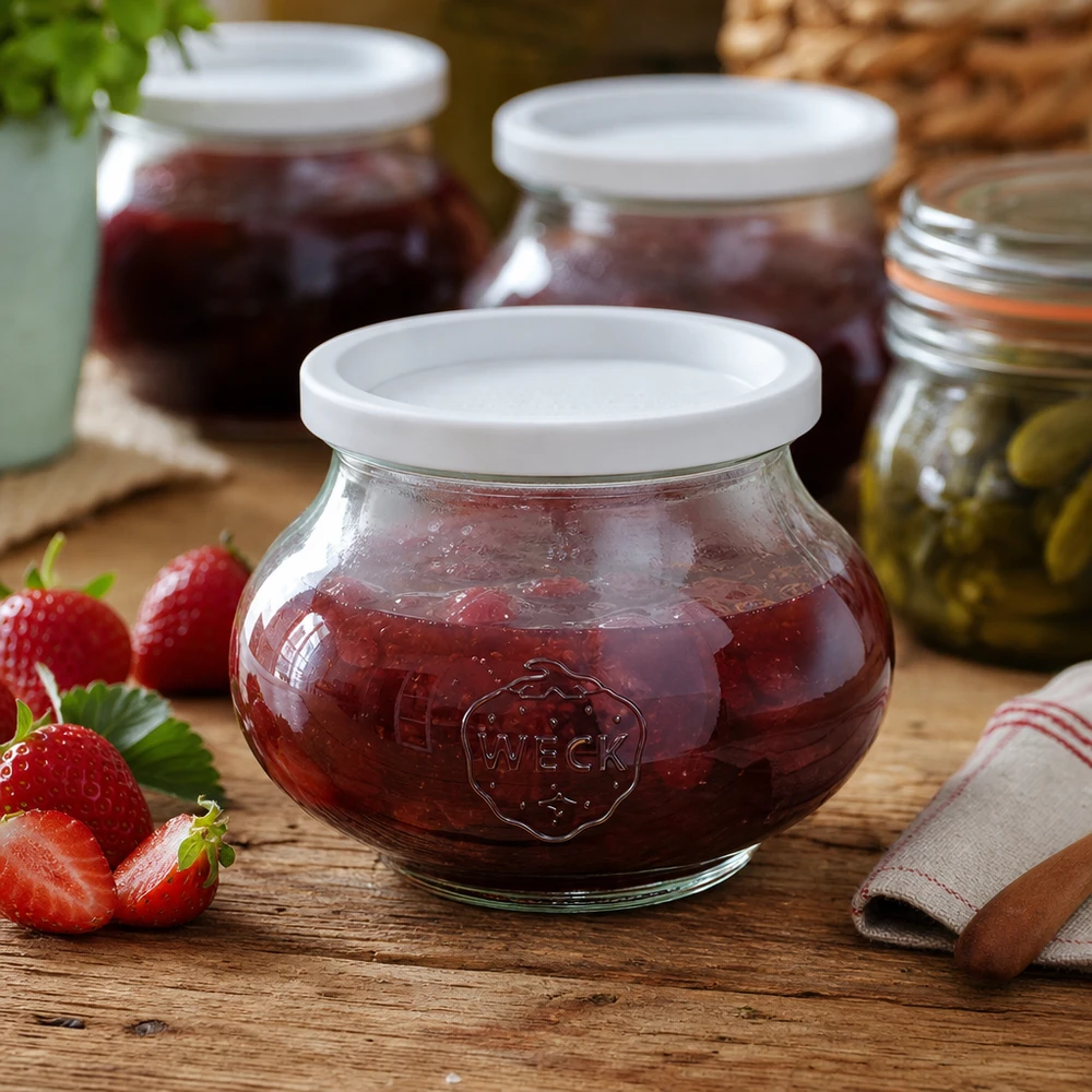 WECK Einmachglas 560ml RR80 gefüllt mit Erdbeermarmelade neben frischen Erdbeeren auf Holztisch in Küche