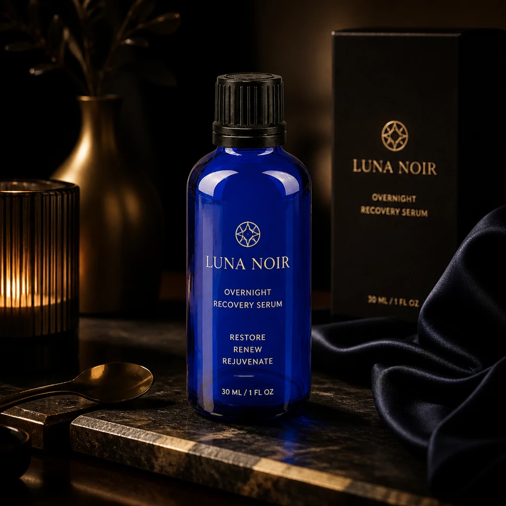 Apothekenflasche blau 50ml Schraubverschluss schwarz Giessring Originalitätsverschluss Blaue 50ml GR OV Glasflasche 8mm als Serumflasche in luxuriösem Nacht-Flatlay mit schwarzer Box