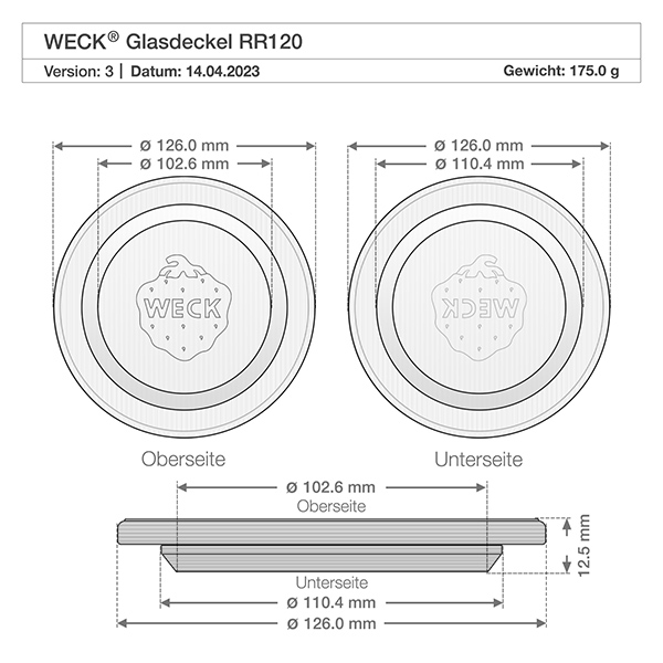 WECK Glasdeckel RR120 Technische Zeichnung WECK Glasdeckel RR120 mit Maßangaben und Gewicht 175g für präzise Passform