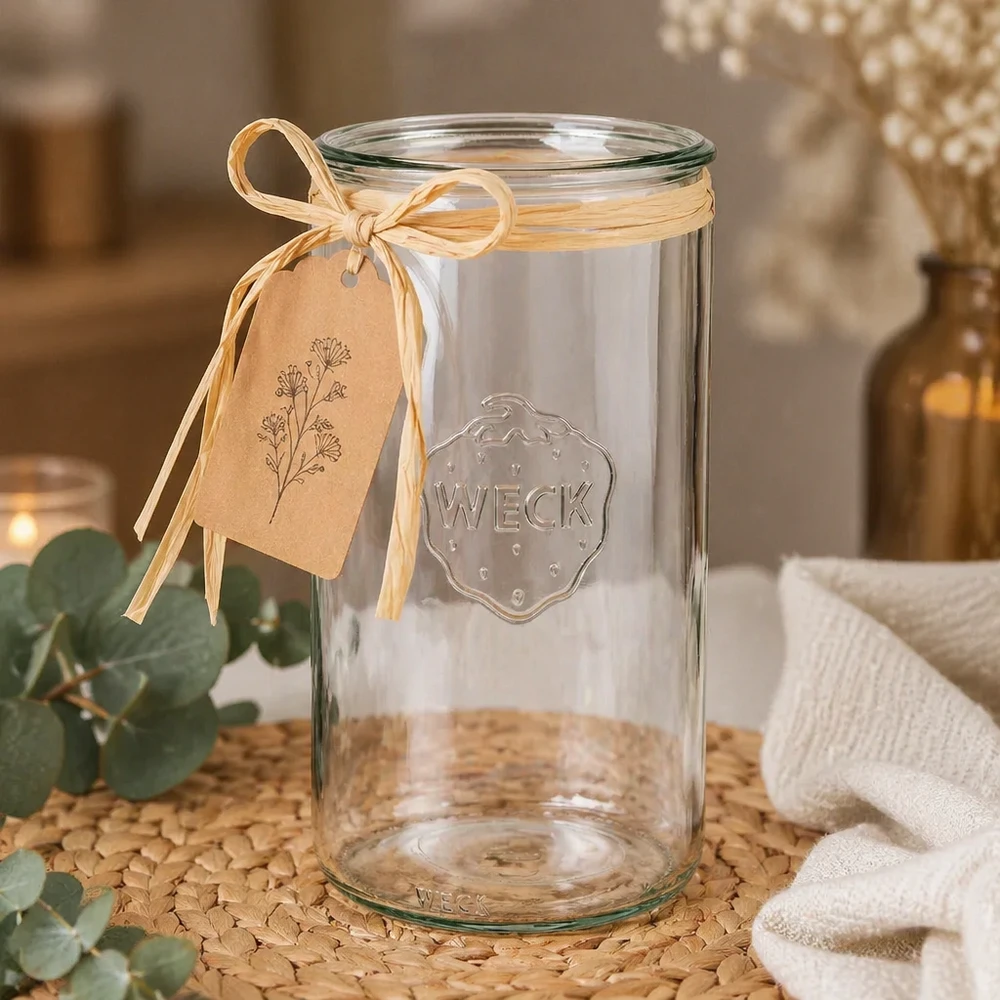 WECK RR100 Zylinderglas 1590ml leer mit Geschenkanhänger und Schleife als Präsent auf Korkuntersetzer dekoriert