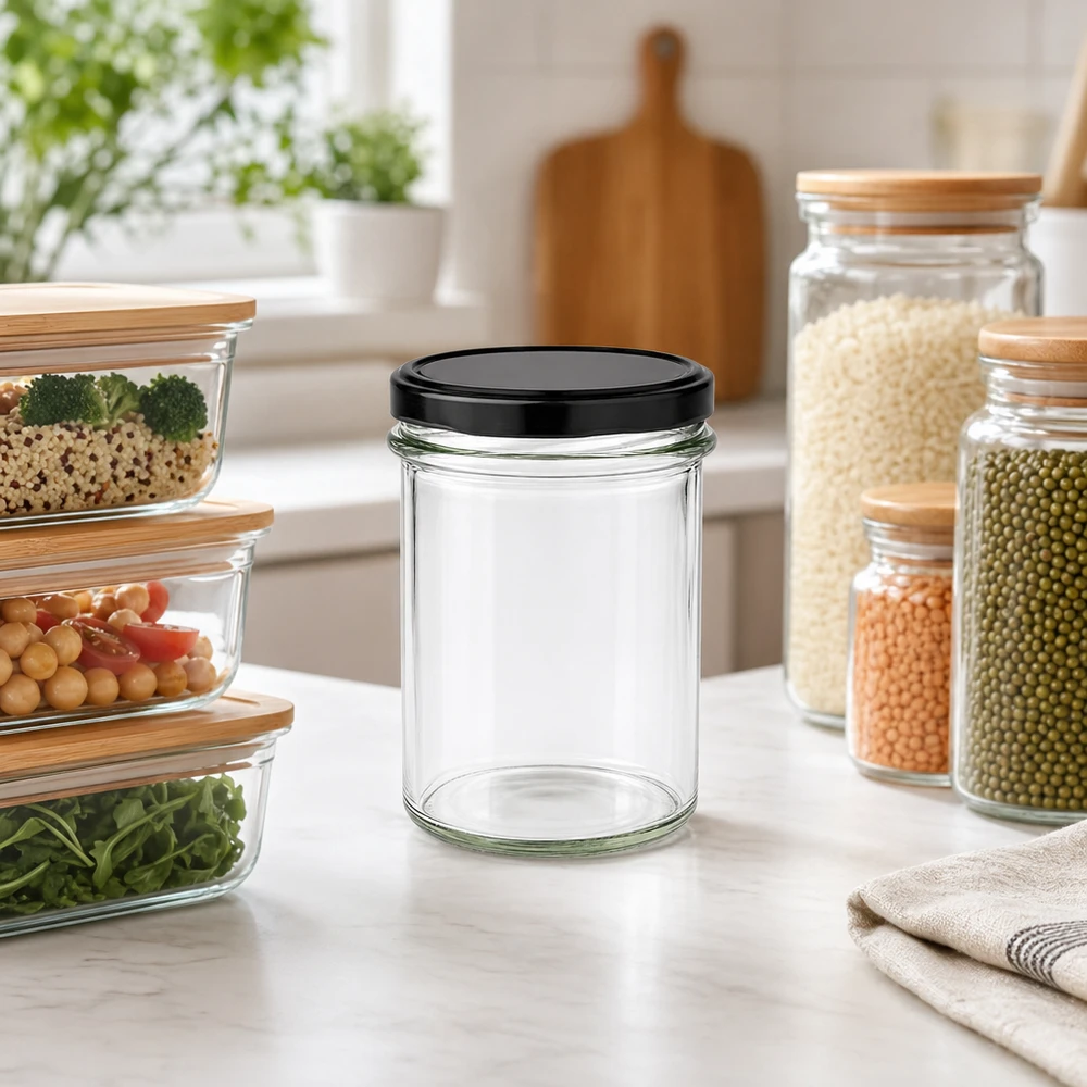 230ml Sturzglas BasicSeal schwarz leer in moderner Küche mit Vorratsgläsern Aufbewahrung Organisation Küchenszene