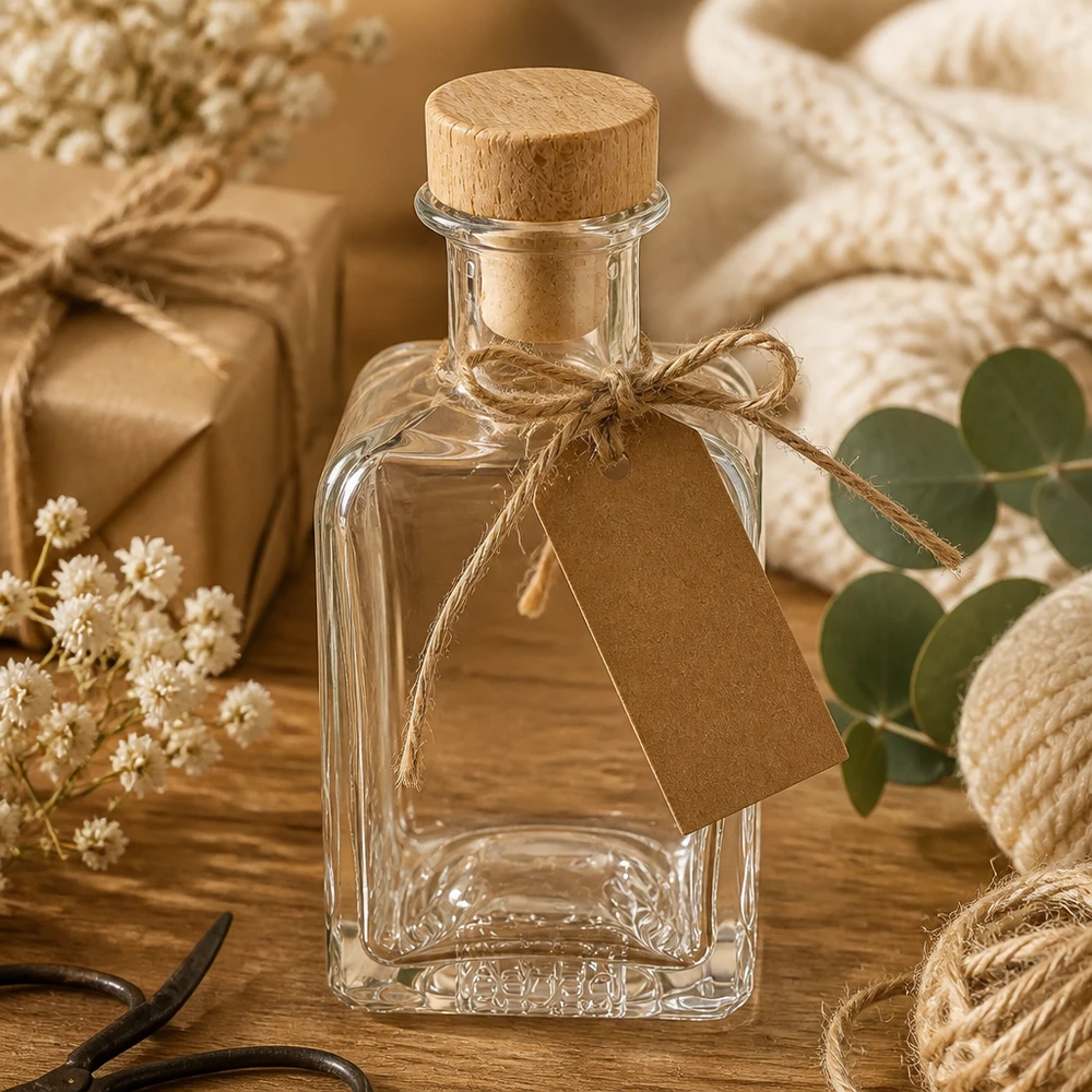 200ml Glasflasche Clara mit Kraftpapier Anhänger Geschenkverpackung Holzkorken Vintage Styling rustikale Dekoration