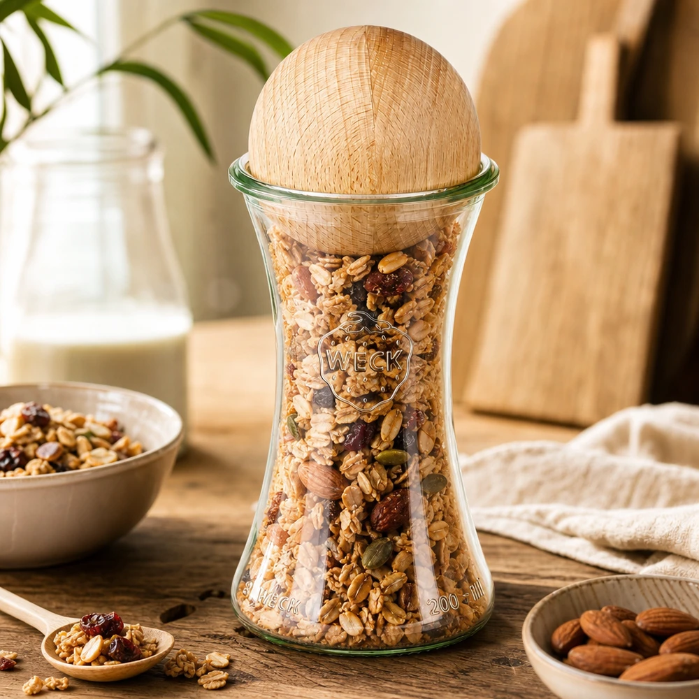 WECK Delikatessenglas 200ml RR60 mit Bucheholzkugel gefüllt mit Müsli und Nüssen auf Holztisch in natürlicher Küche