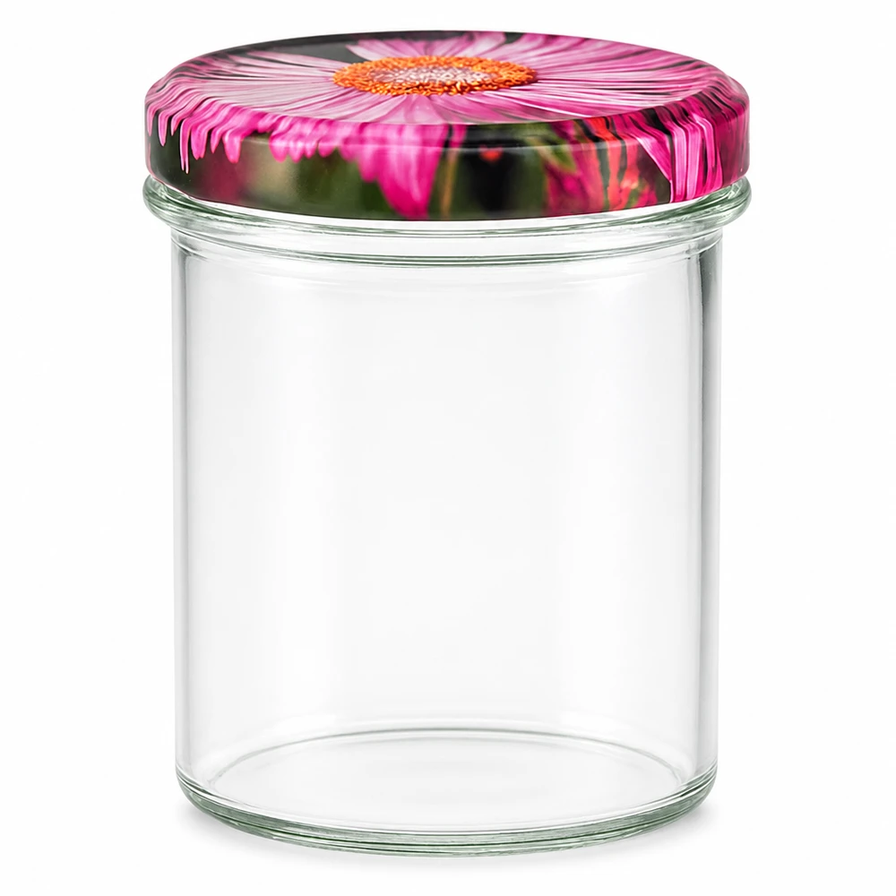 350ml Sturzglas + BasicSeal Deckel Blüten-Dekor UN 350ml Sturzglas mit BasicSeal Deckel in Blüten-Dekor pink Gerbera Einmachglas Vorratsglas transparent