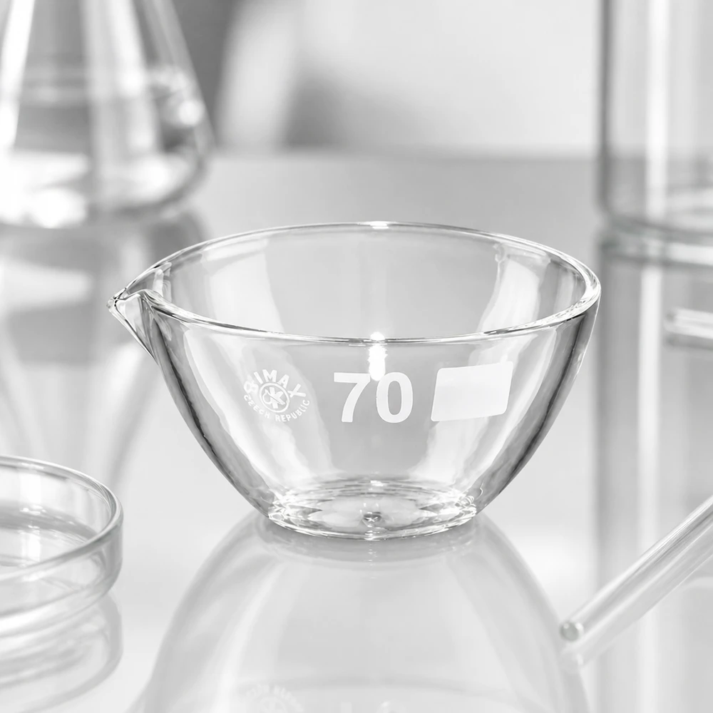 60ml Abdampfschale mit Ausguss Borosilikat ø70mm Präzisions-Abdampfschale mit Ausguss 60ml ideal für Verdampfungsprozesse und Konzentrierung von Lösungen