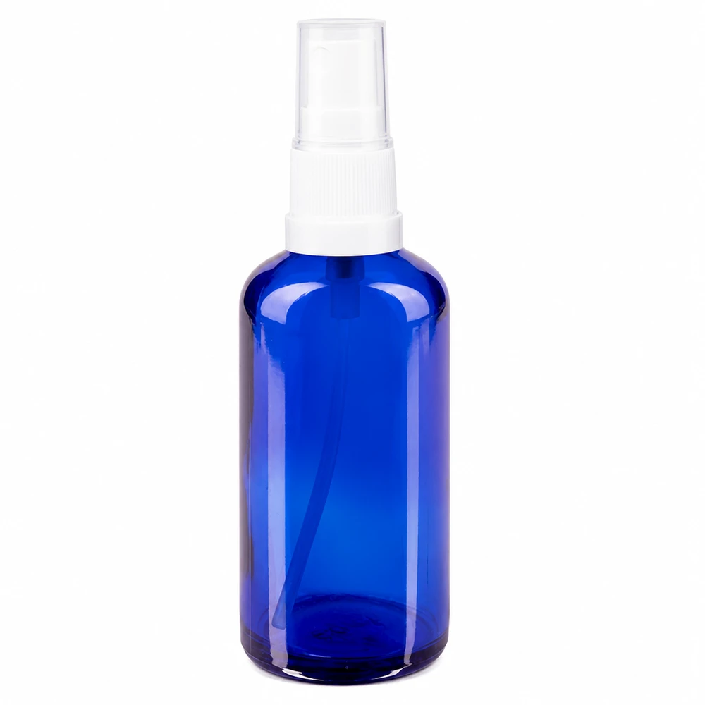 Apothekenflasche blau 50ml Sprayaufsatz weiß Kobaltblaue 50ml Apothekerflasche aus Glas mit transparentem Zerstäuber