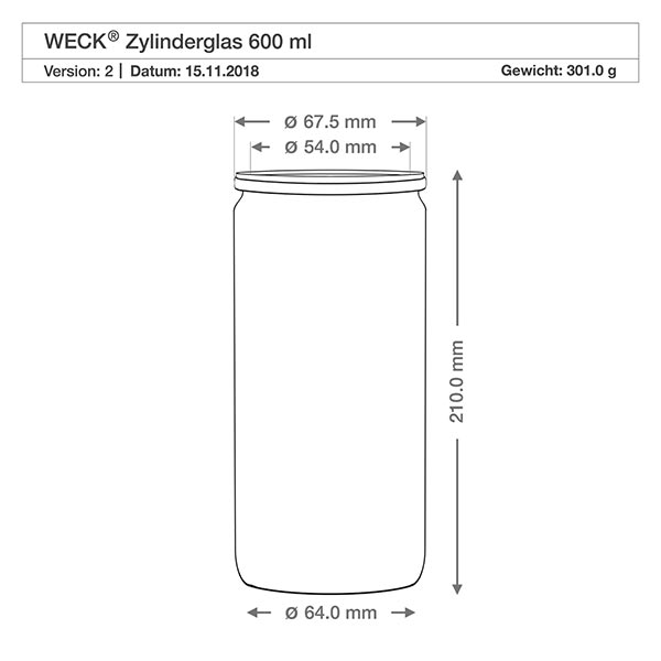 700ml Delikatessenglas mit Glasdeckel WECK RR80 Technische Zeichnung WECK Zylinderglas 600ml RR60 mit Maßangaben 67,5mm Durchmesser 210mm Höhe Produktspezifikation