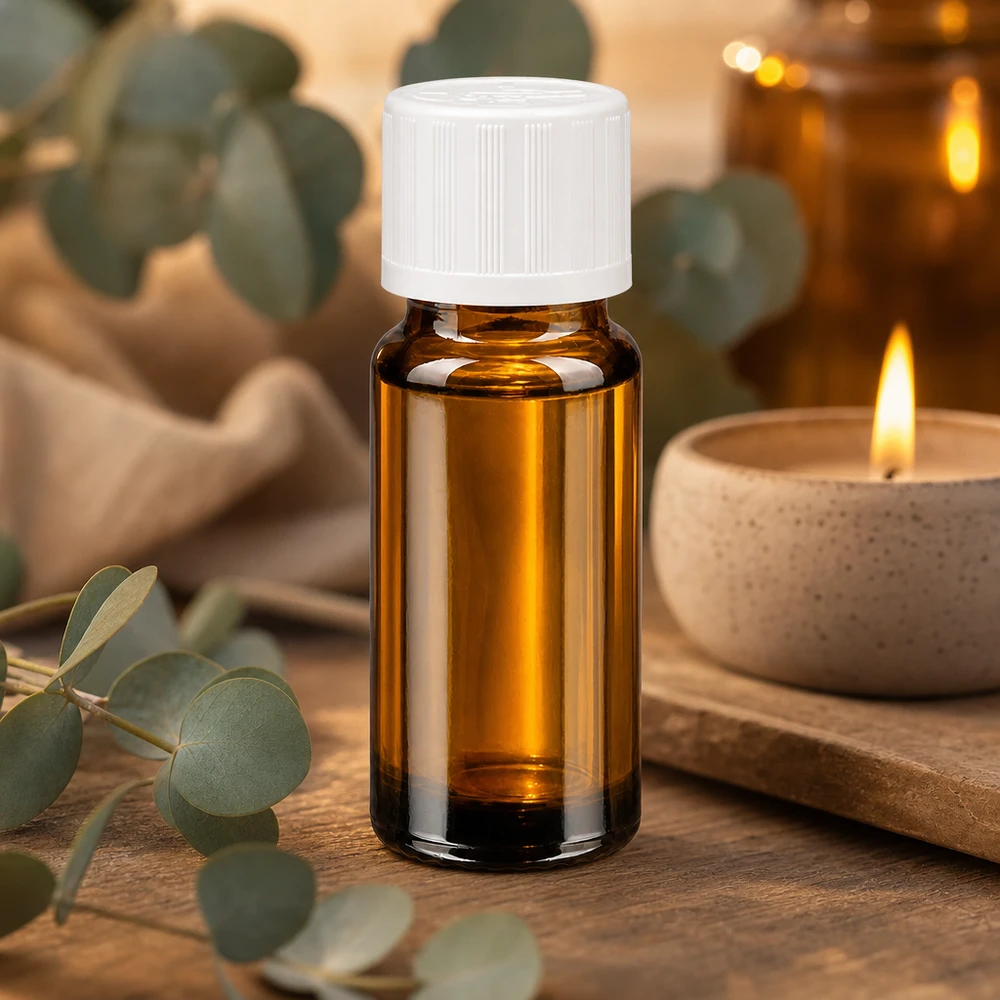 Apothekenflasche braun 10ml Schraubverschluss weiß Kindersicherung Standard Braune Apothekerflasche 10ml kindersicherer Weißverschluss neben Eukalyptuszweigen