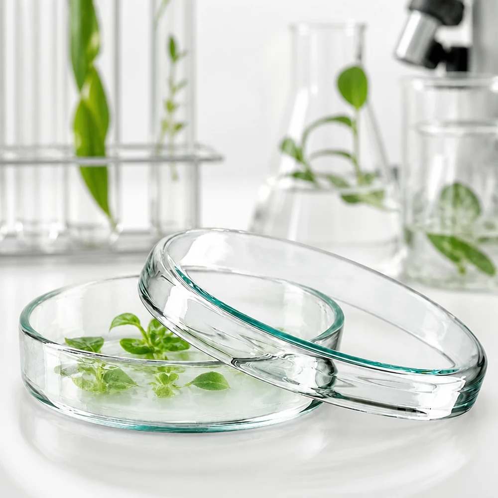 Zwei Petrischalen 70x15mm Glas übereinander gestapelt mit Pflanzenproben im Biologie labor
