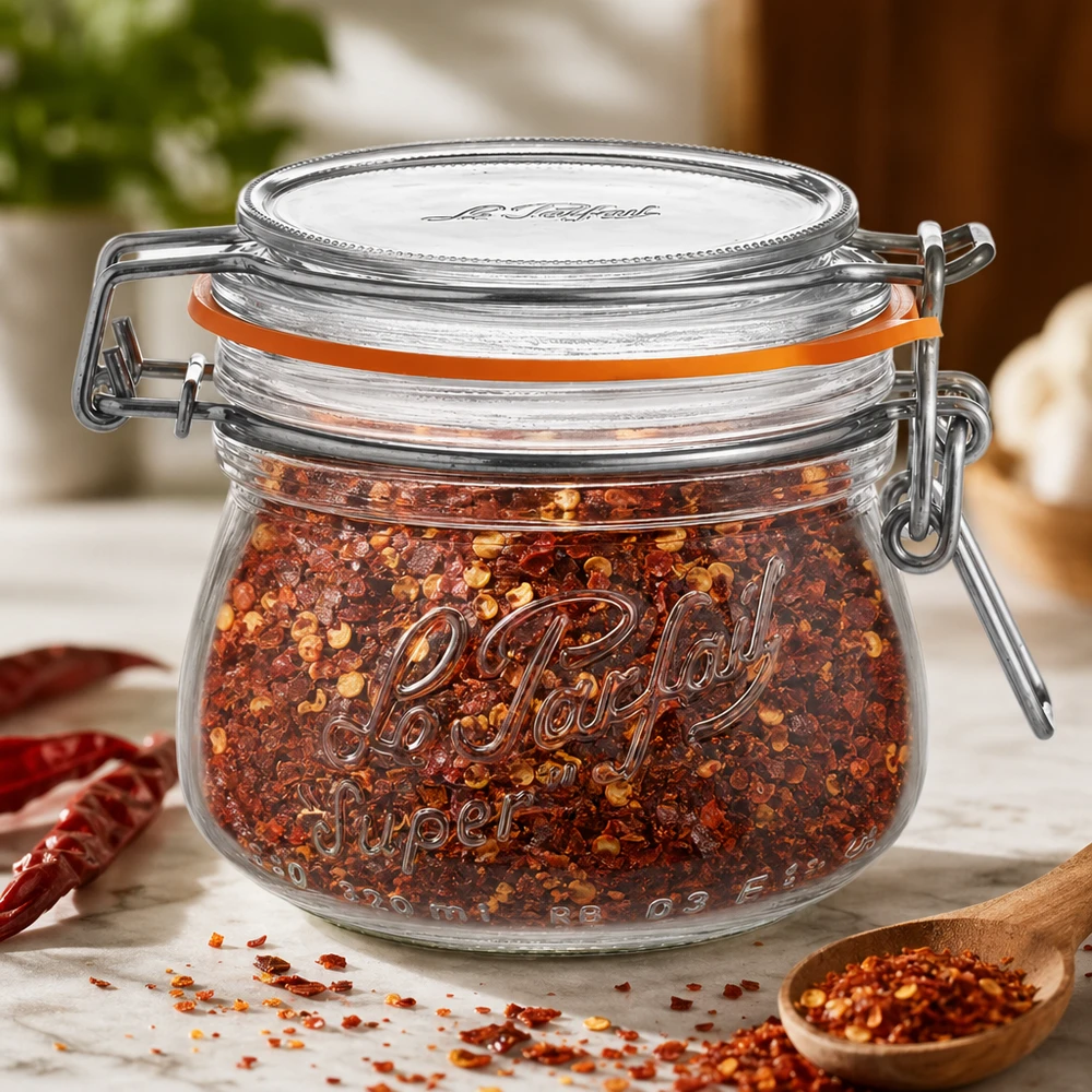 250ml Le Parfait Vorratsglas Super mit Bügelverschluss gefüllt mit Chili-Gewürzmischung auf Holztisch
