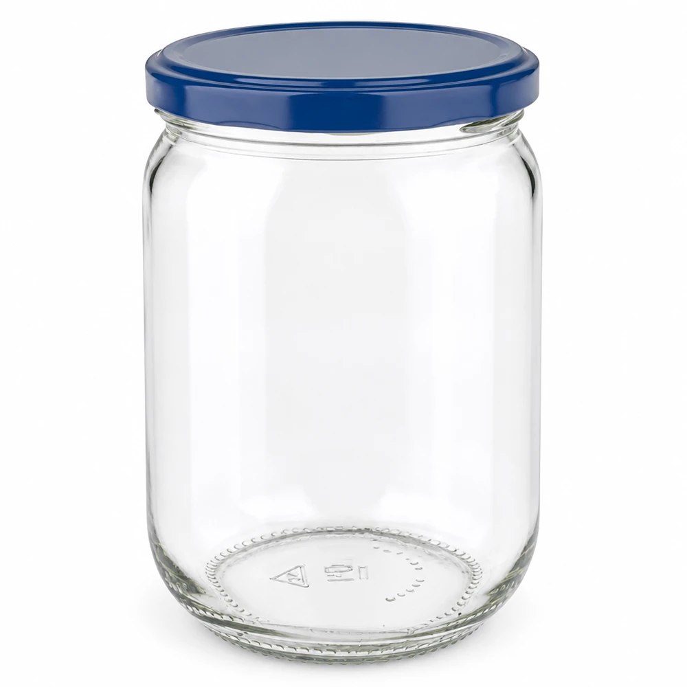 Rundes Vorratsglas 555ml mit blauem Metalldeckel BasicSeal für Marmelade und Konserven