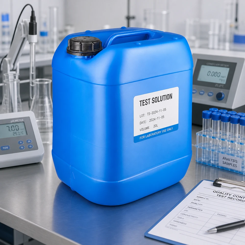 Rechteckiger Kunststoffkanister 20L blau mit Tragegriff neben pH-Meter im Laborbereich
