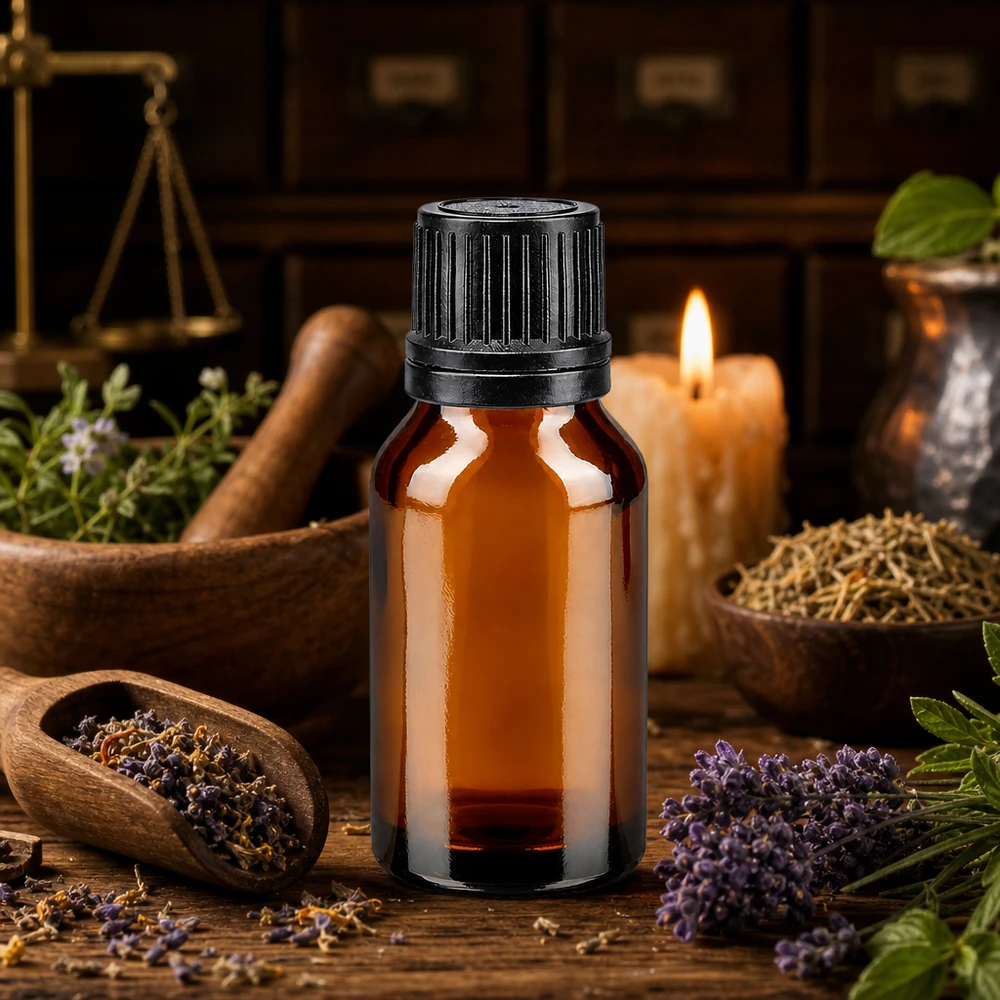 Tropfflasche braun 15ml Originalverschluss schwarz zwischen Lavendel Minze und getrockneten Kräutern