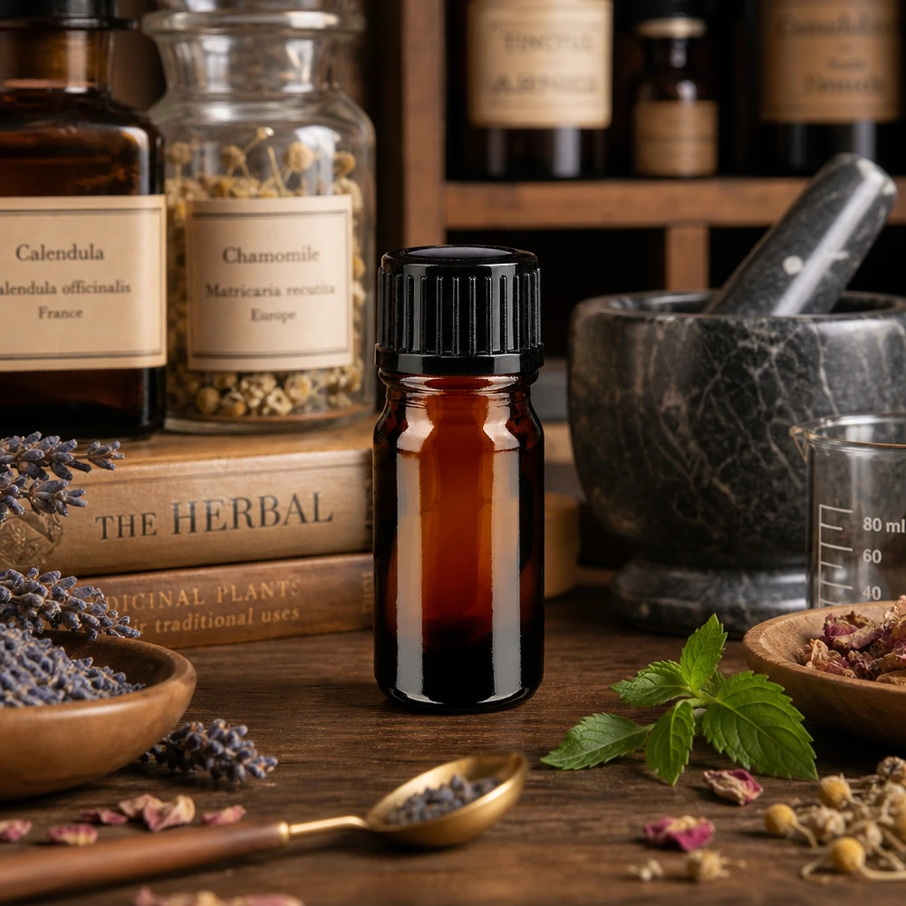 Apothekenflasche braun 5ml Schraubverschluss schwarz Standard Kleine Apothekerflasche 5ml bernsteinfarben auf Holztisch mit Mörser Calendula und Kamille