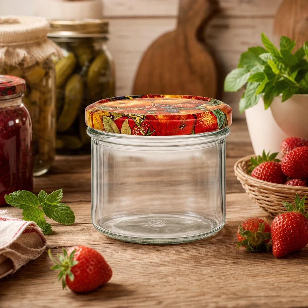 225ml Sturzglas Obst-Dekor inmitten frischer Erdbeeren und Minze, perfekt für selbstgemachte Erdbeermarmelade