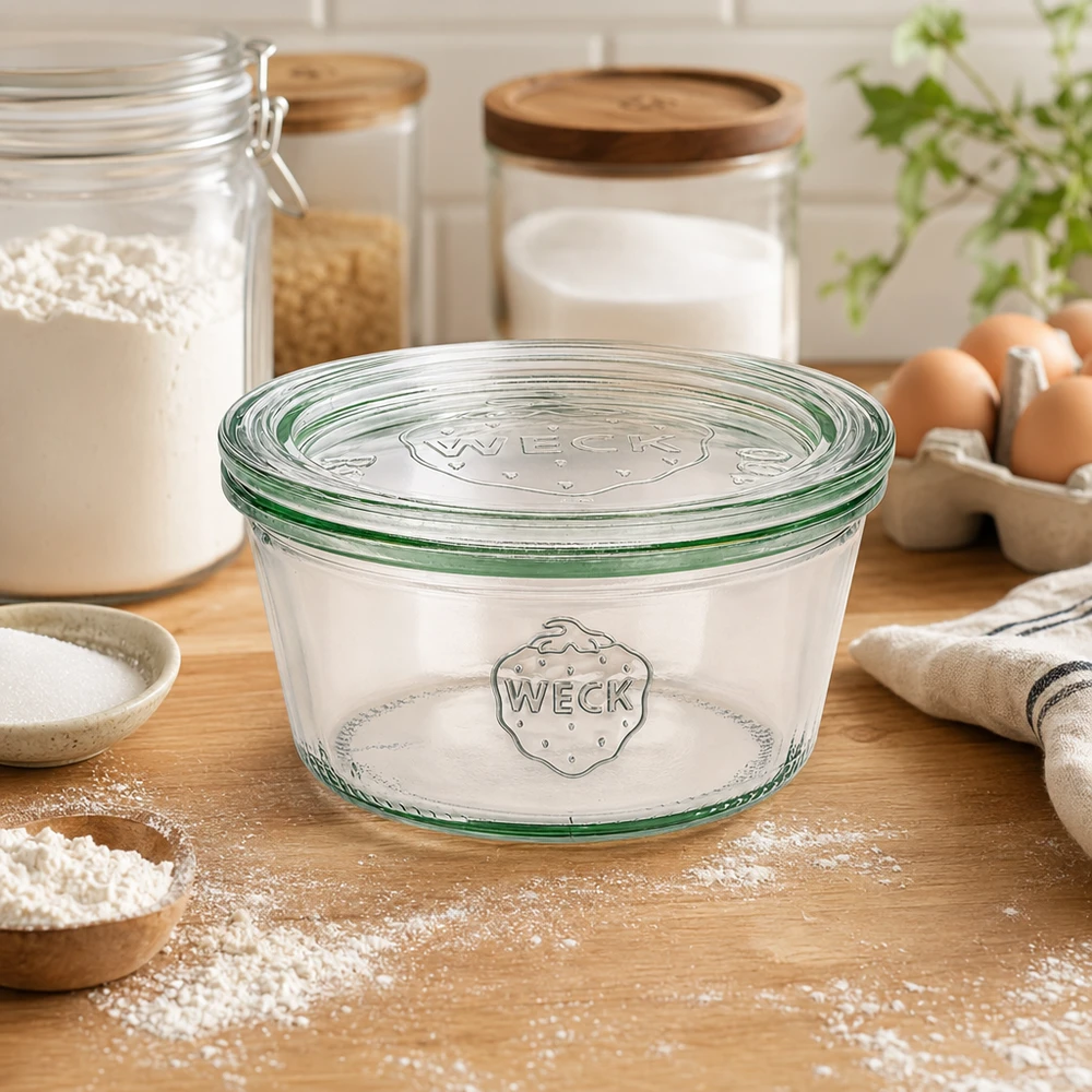 WECK Sturzglas 290ml RR100 in Küche mit Mehl Eiern und Vorratsgläsern als Backzubehör und Aufbewahrungslösung