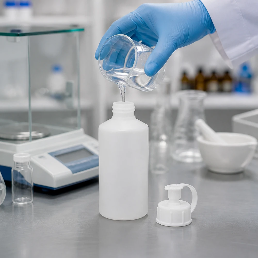 Befüllung einer weißen HDPE Rundflasche 50ml im Labor neben Analysenwaage und Mörser