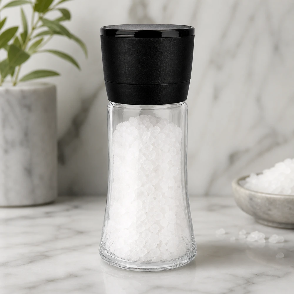 Klares Glasgefäß 95ml mit schwarzer Vario-Mühle und weißen Salzkörnern in moderner Küche