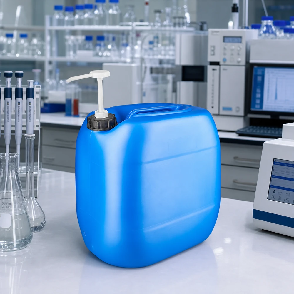 Rechteckiger Kunststoffkanister 30 Liter mit Dosierpumpe im professionellen Laborumfeld