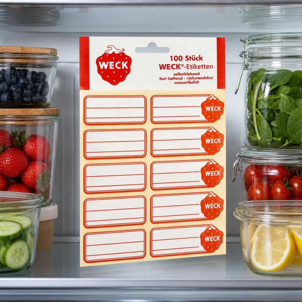 WECK Etiketten 19x13mm (Pack(s) mit 100 Stück) WECK Etiketten 100 Stück im Kühlschrank zwischen Vorratsgläsern mit Obst Gemüse für optimale Lebensmittel Organisation