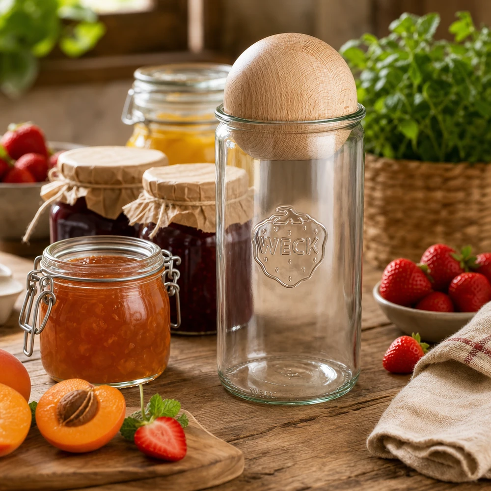 1590ml Zylinderglas WECK RR100 mit Holzkugel Buche WECK Glas 1590ml RR100 mit Buchenholzkugel in der Küche zwischen Marmeladen, frischen Früchten und Kräutern
