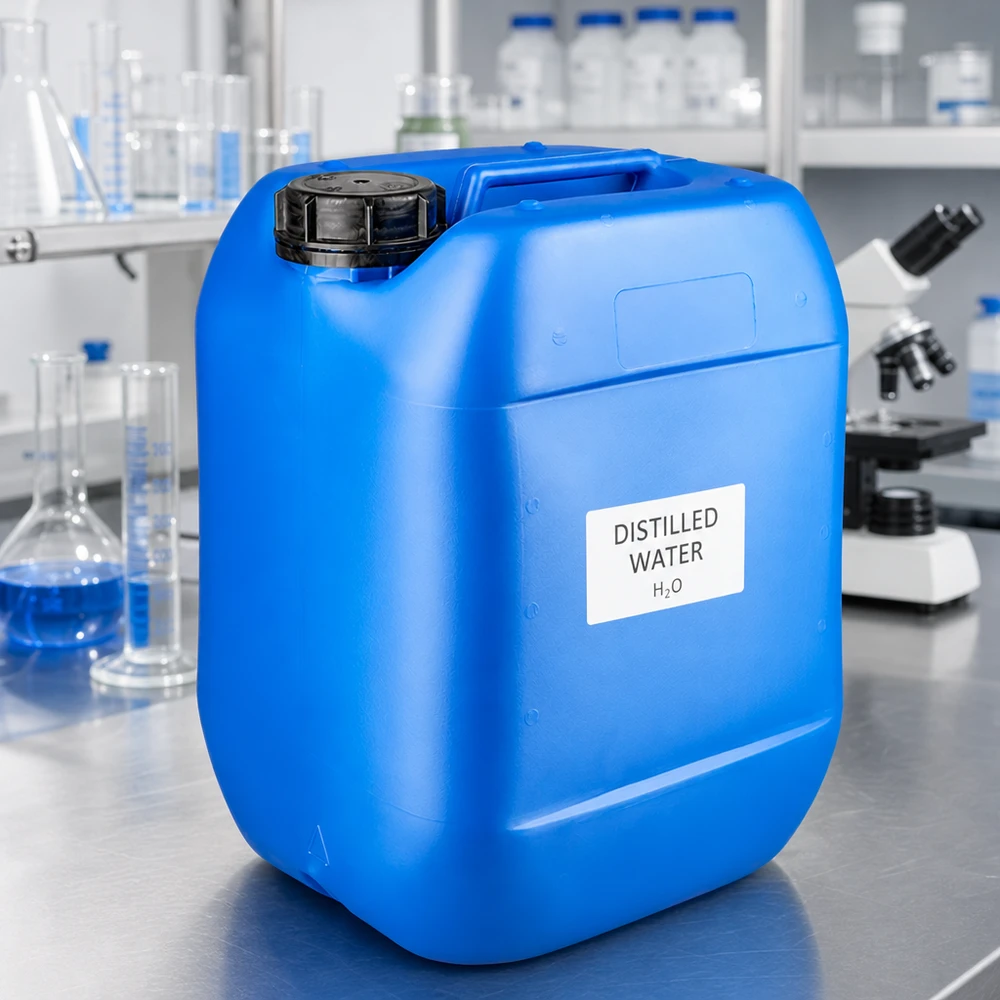 Kanister 10 Liter blau mit Schraubverschluss Originalitätsverschluss Destilliertes Wasser in blauem 10L Kanister mit schwarzem Originalverschluss OV im Labor