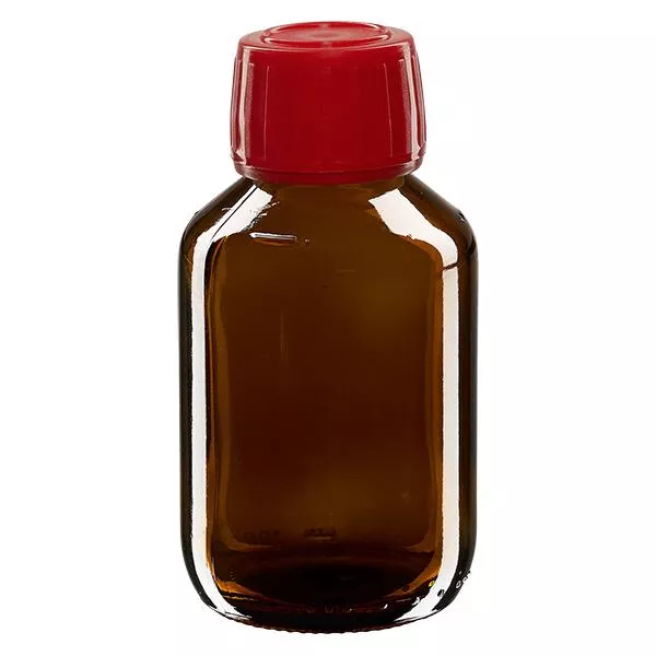 100ml Medizinflasche braun, Verschluss rot mit Originalitätsring ApoGlas 100ml Medizinflasche braun, Verschluss rot mit Originalitätsring ApoGlas