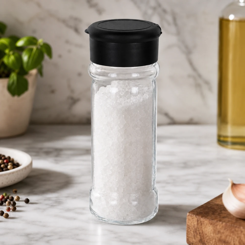 Salzglas 100ml aus Klarglas neben frischen Kräutern und Pfefferkörnern in Küche