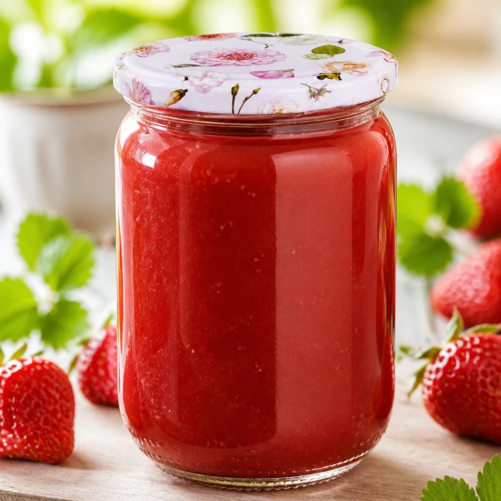 555ml Vorratsglas UNiTWIST BasicSeal rosa Blume gefüllt mit frisch eingekochten Erdbeeren