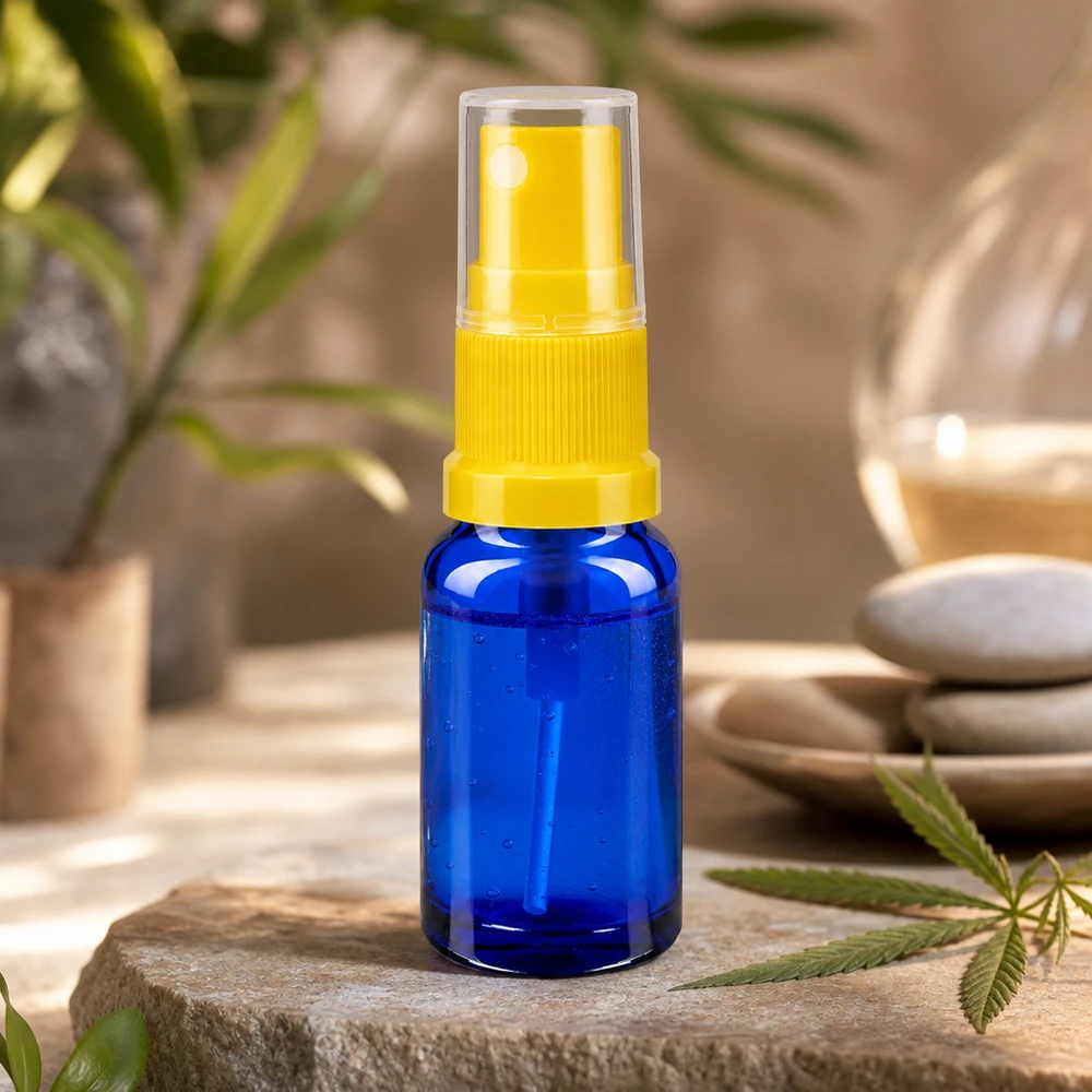 Apothekenflasche blau 10ml Sprayaufsatz gelb UV-Schutz Sprayflasche blau 10ml mit gelbem Pumpkopf ideal für Aromatherapie und Naturheilkunde