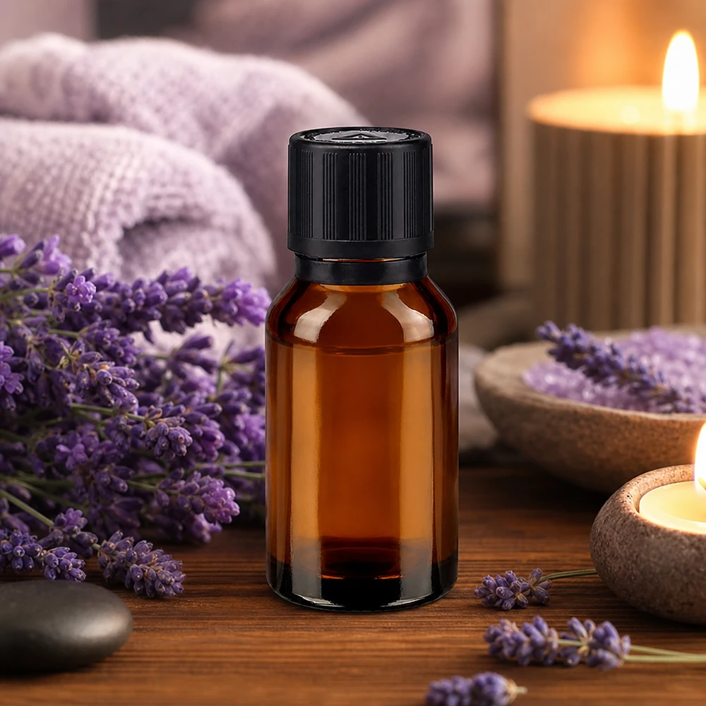 Bernsteinfarbene 15ml Flasche mit schwarzem Kindersicherheitsverschluss in Aromatherapie-Setting