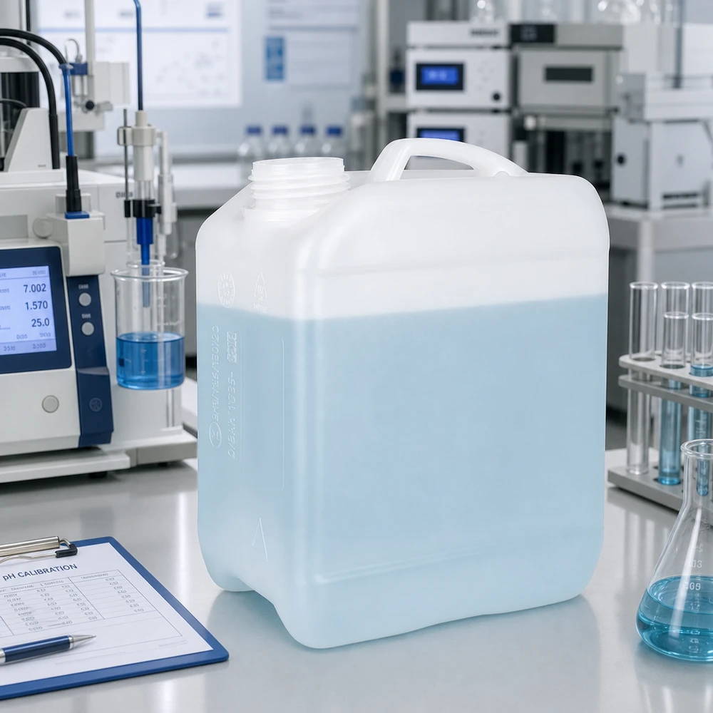 Kleiner HDPE Kanister 2,5 Liter offen ohne Deckel neben pH-Messgerät und Reagenzgläsern