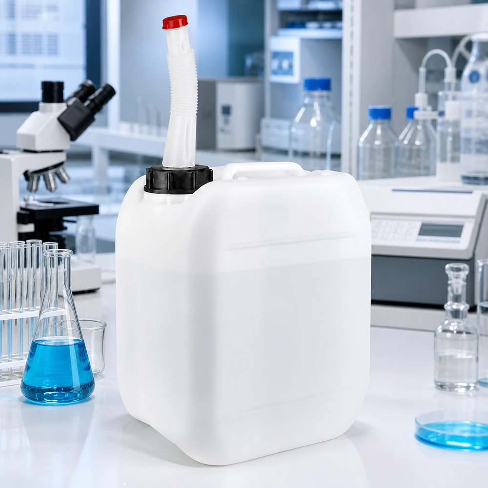 Rechteckiger Weißkanister 5 Liter mit flexiblem Ausgießer und roter Verschlusskappe