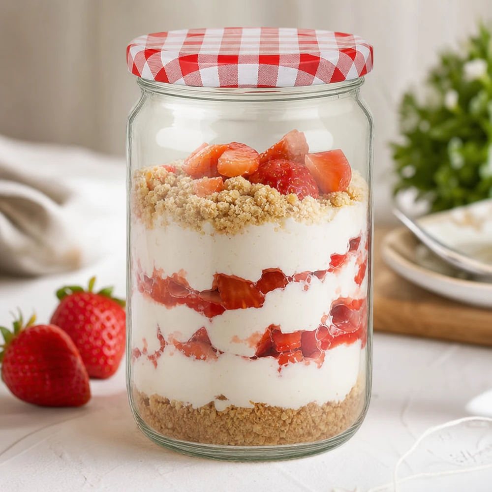 795ml Rundglas mit BasicSeal Deckel als Dessertglas mit Erdbeeren, Sahne und Streuseln, perfekt für süße Nachspeisen