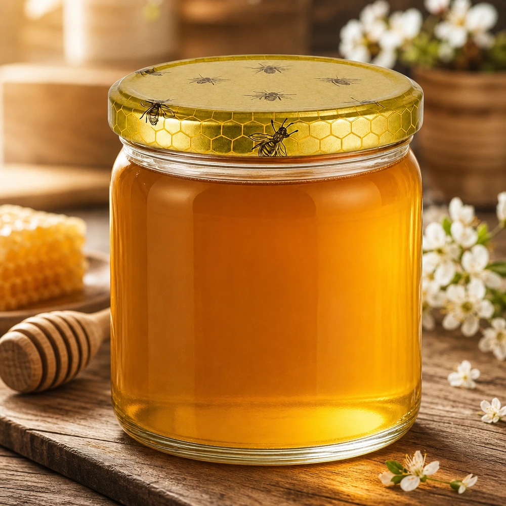 408ml Rundglas + BasicSeal Deckel Bienenwabe UNiTWIST 408ml Rundglas mit BasicSeal Bienenwaben-Deckel gefüllt mit goldenem Honig neben Waben und weißen Blüten