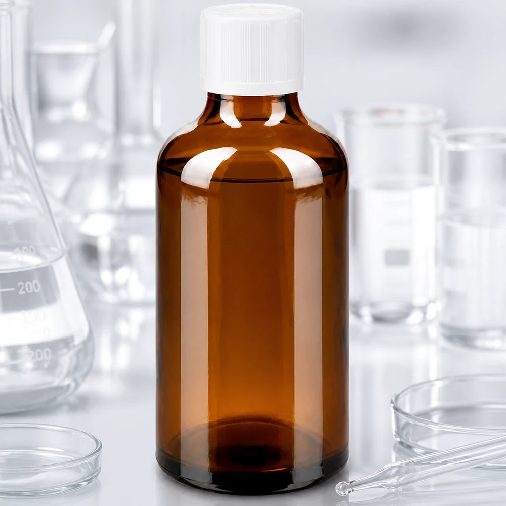 Apothekenflasche braun 50ml Tropfverschluss weiß Kindersicherung Standard Pharmagerechte 50ml Braunglasflasche mit Kindersicherheitskappe neben Erlenmeyerkolben und Pipette