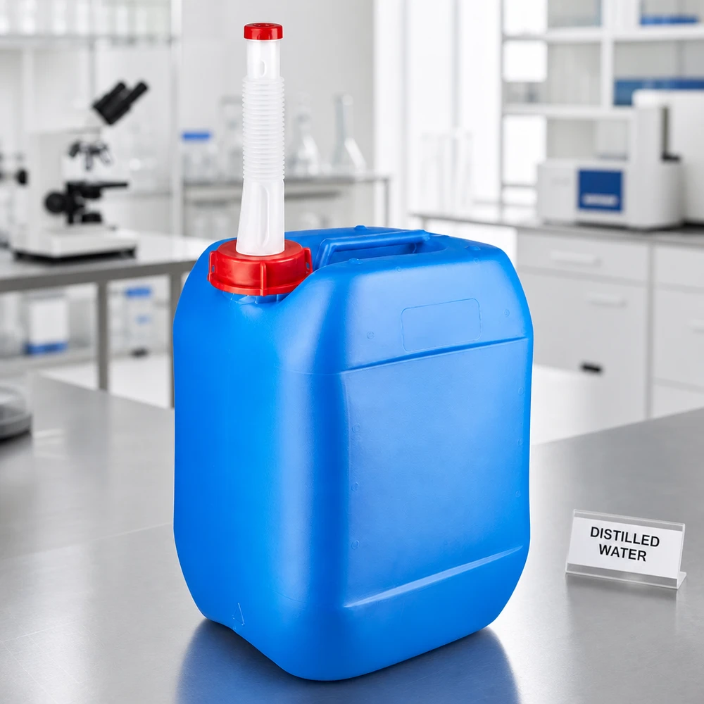 Kanister 10 Liter blau mit Auslaufrohr Flex Blauer Kunststoffkanister 10L mit weißem flexiblem Rohr und rotem Deckel im Labor