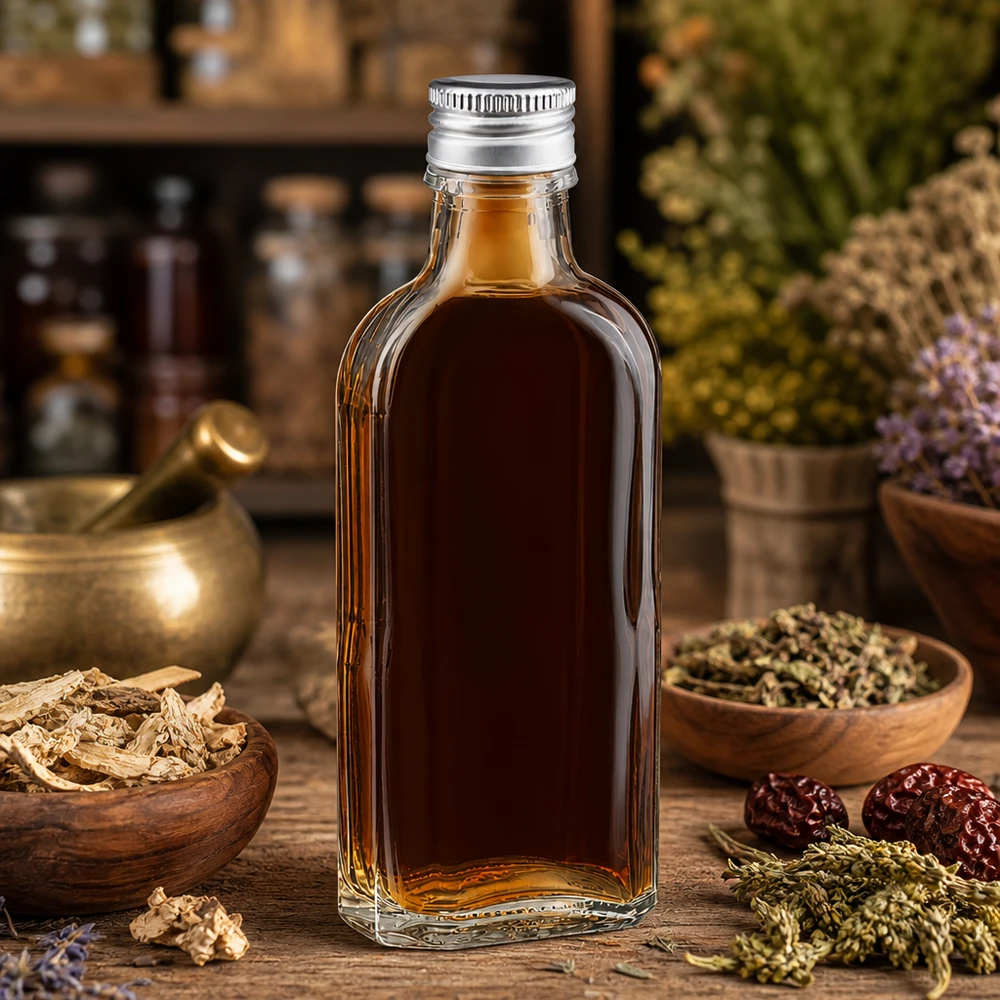 Meplat Flasche 100ml mit Kräuterextrakt gefüllt und Alu Schraubverschluss silber PP22