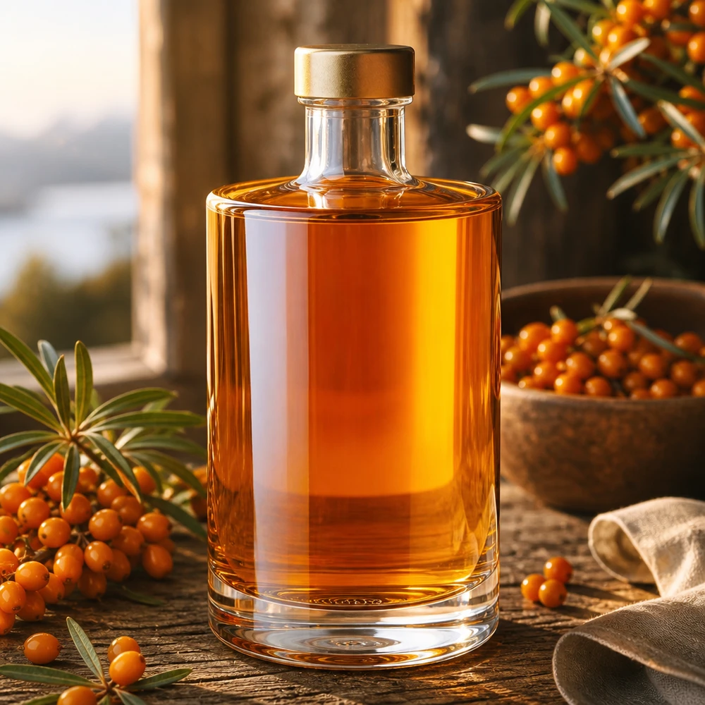 375ml Glasflasche "Sam" + Schraubverschluss gold UNiTWIST 375ml Glasflasche Sam bernsteinfarbene Füllung Sanddornbeeren Dekoration goldener Schraubverschluss UNiTWIST natürlich