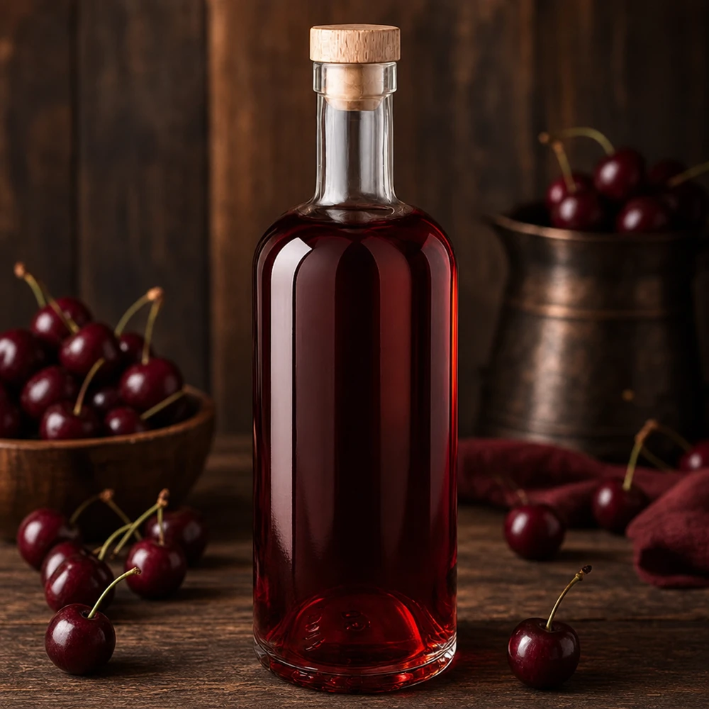 750ml Glasflasche "Attila" mit Holzgriffkorken UNiTWIST® 750ml Glasflasche Emma mit Holzkorken gefüllt mit roter Kirschflüssigkeit umgeben von frischen Kirschen auf Holztisch