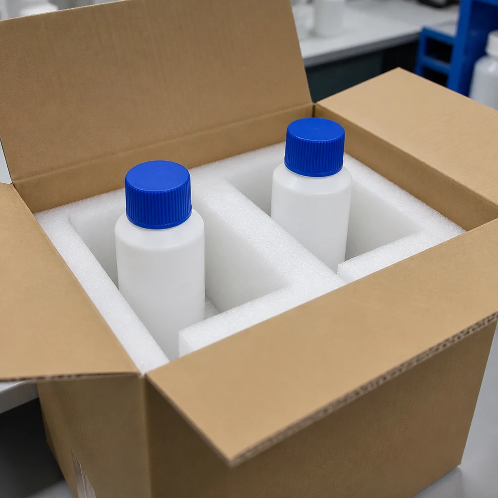 Weiße 30ml HDPE Kunststoffflaschen mit blauem SV in Kartonverpackung mit Schaumstoffschutz