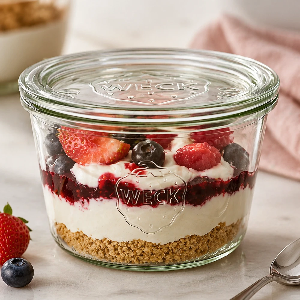 370ml Sturzglas mit Glasdeckel WECK RR100 WECK Sturzglas 370ml RR100 mit Schichtdessert aus Keksboden Creme und Beeren als Dessertglas verwendet