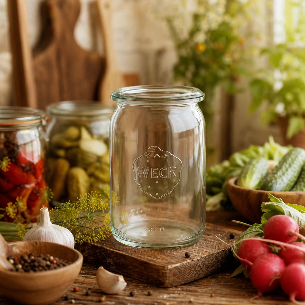 WECK RR40 Zylinderglas 145ml in rustikaler Küche mit frischem Gemüse und Einmachzutaten dekorativ arrangiert