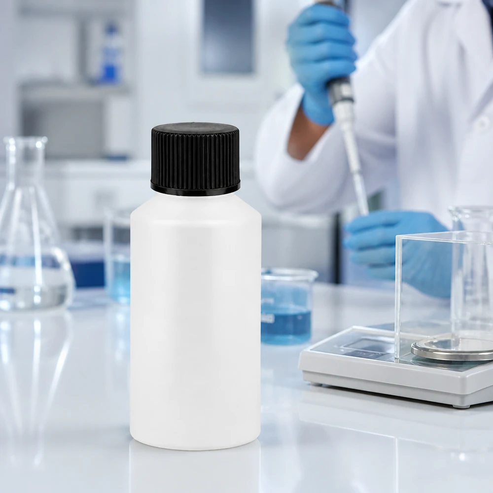 Leere weisse Apothekenflasche 50ml HDPE mit schwarzem SV für Flüssigkeiten und Tabletten